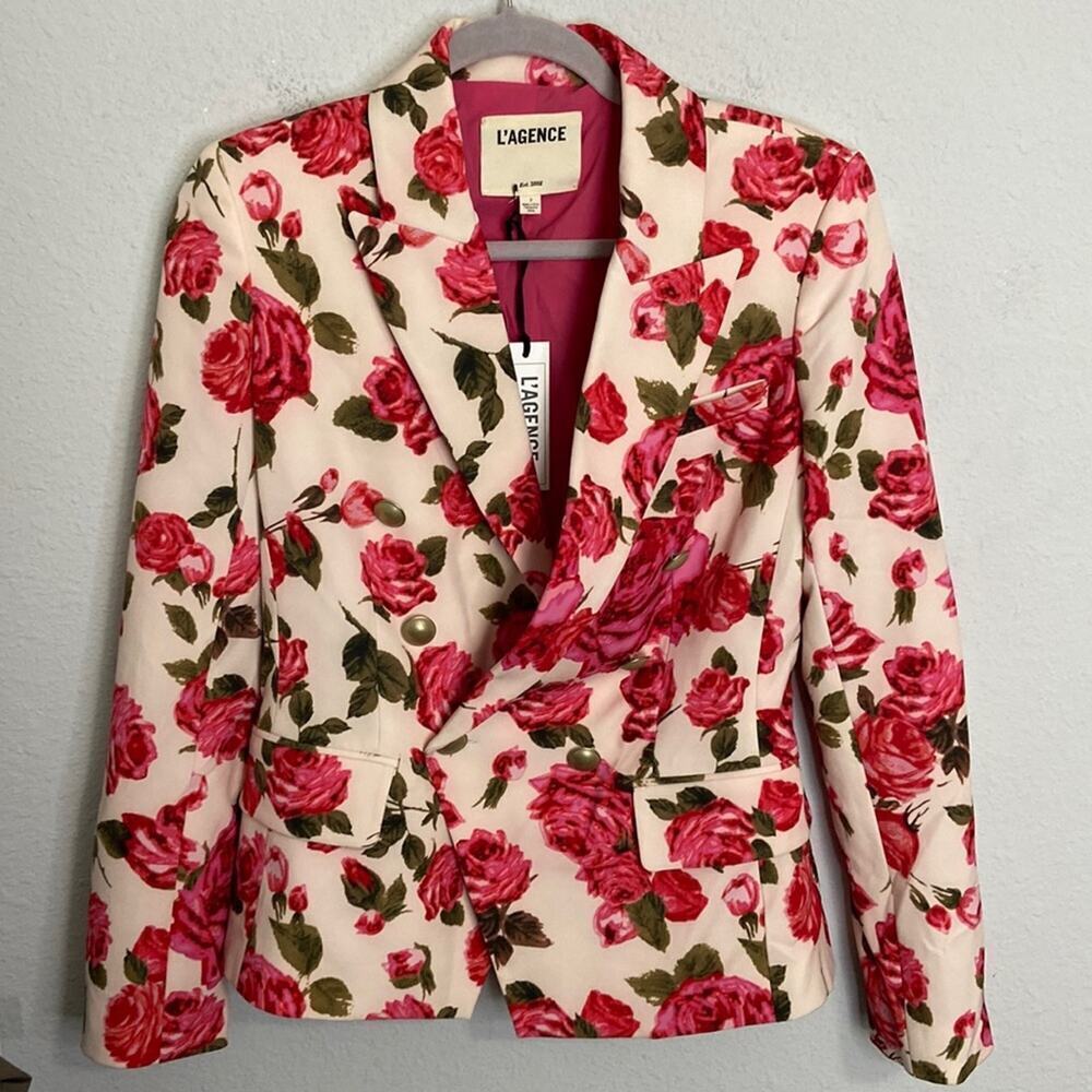 L’agence Barbiecore Kenzie Wild Roses Floral Long Line Double Breasted Blazer - Picture 1 of 4